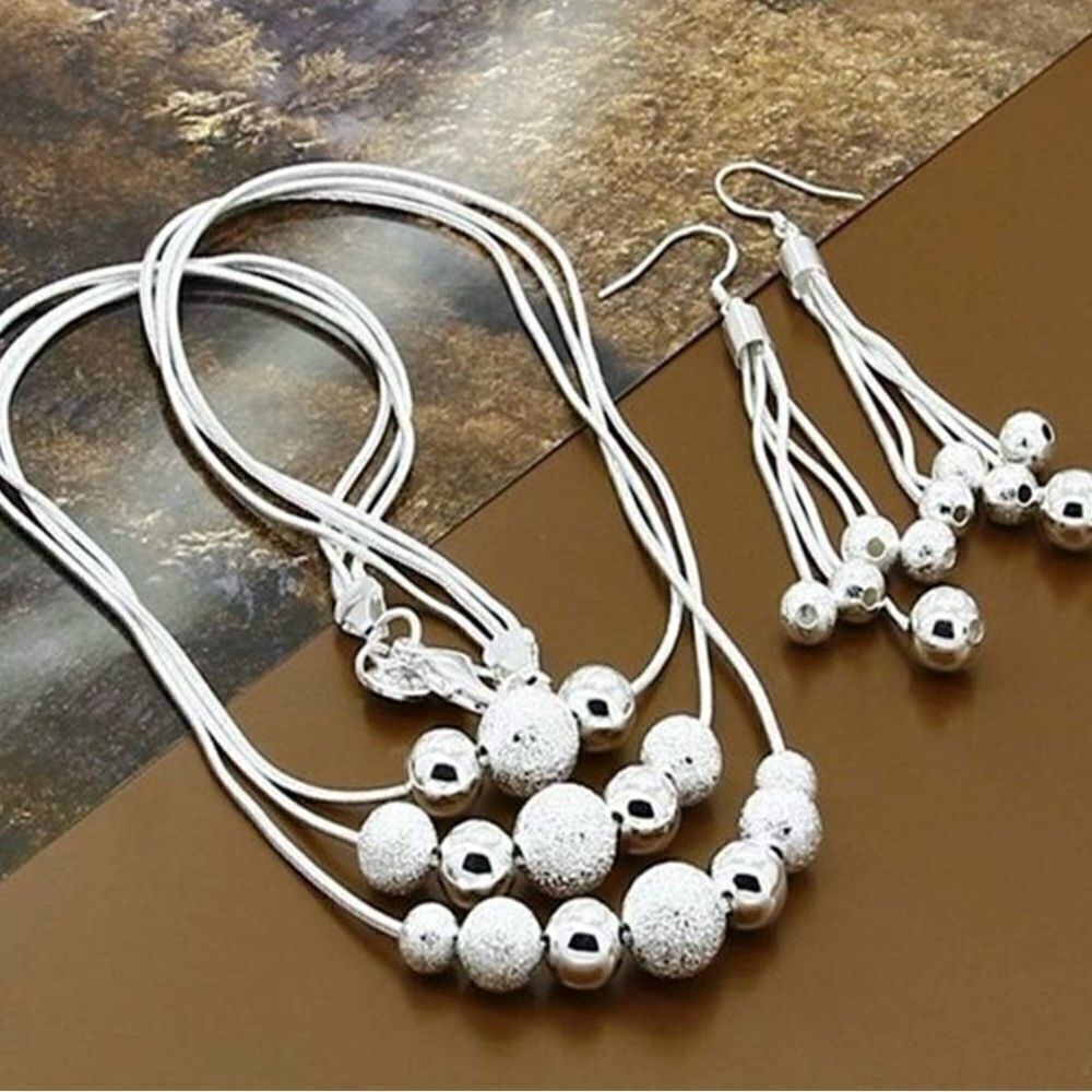925 Sterling Silver Beaded Necklace & Earrings Set – Timeless Elegance